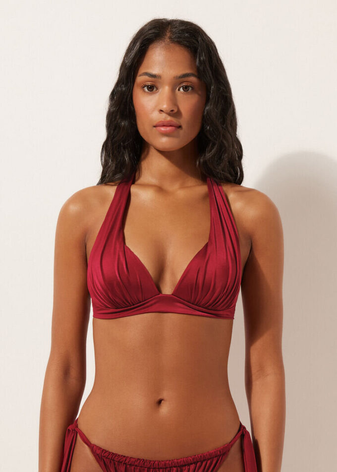 Kademeli Dolgulu Üçgen Bikini Üstü Parlak Saten
