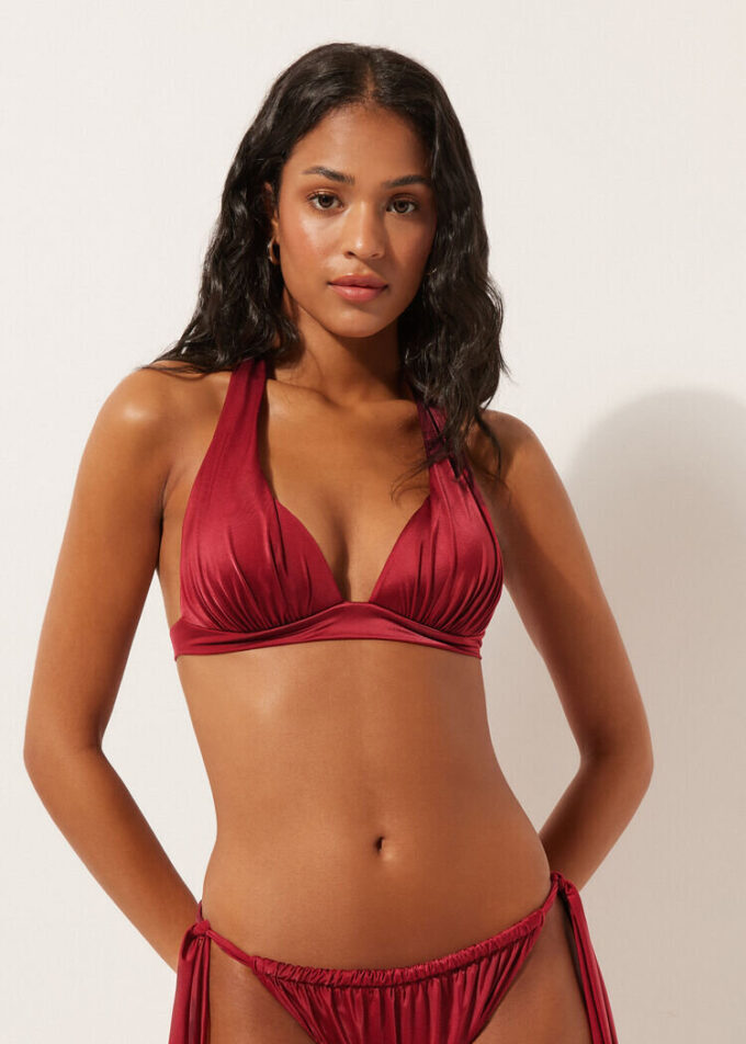 Kademeli Dolgulu Üçgen Bikini Üstü Parlak Saten