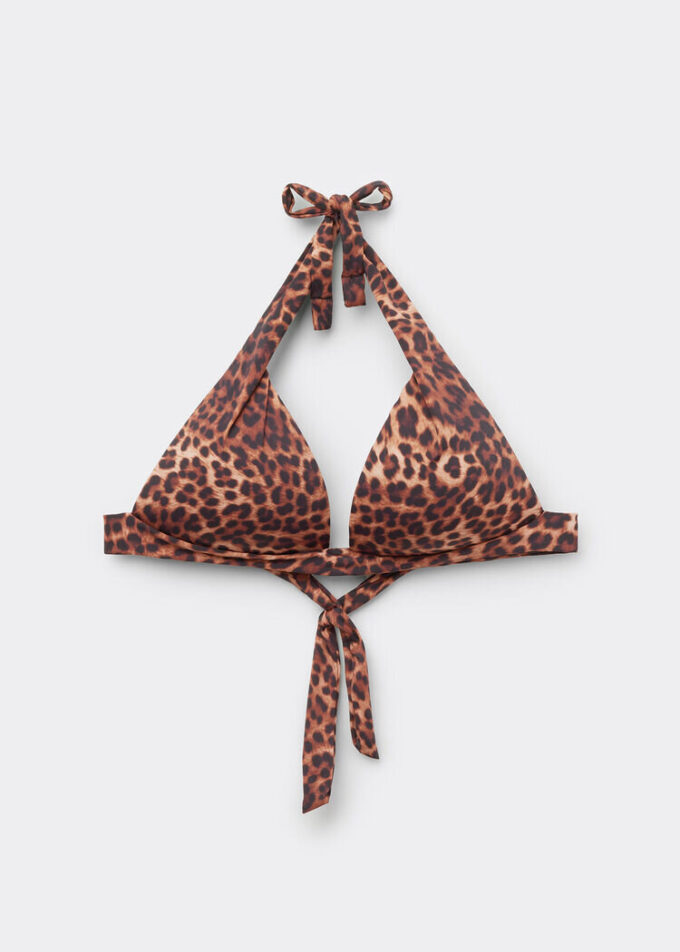 Kahverengi Animalier Kademeli Dolgulu Üçgen Bikini Üstü