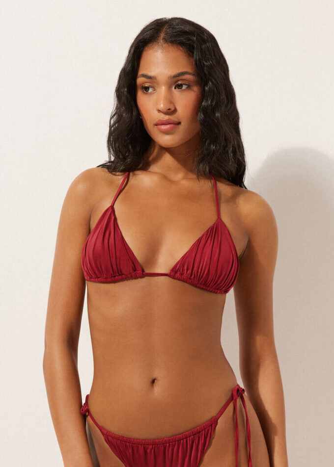 Çıkarılabilir dolgulu üçgen bikini üstü Parlak saten