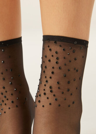 Rhinestones ile Şeffaf Kısa Çoraplar
