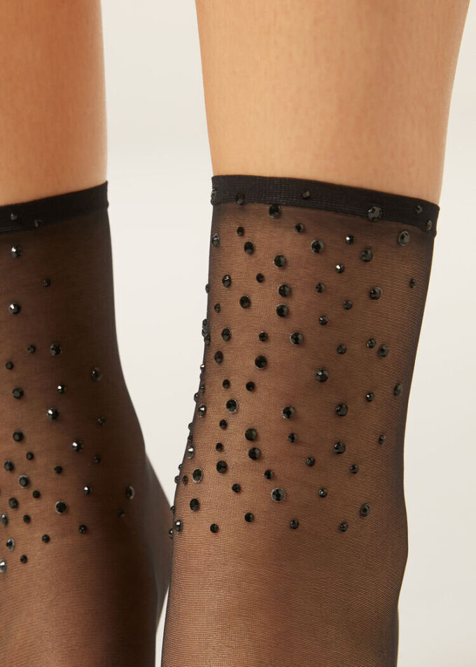 Rhinestones ile Şeffaf Kısa Çoraplar