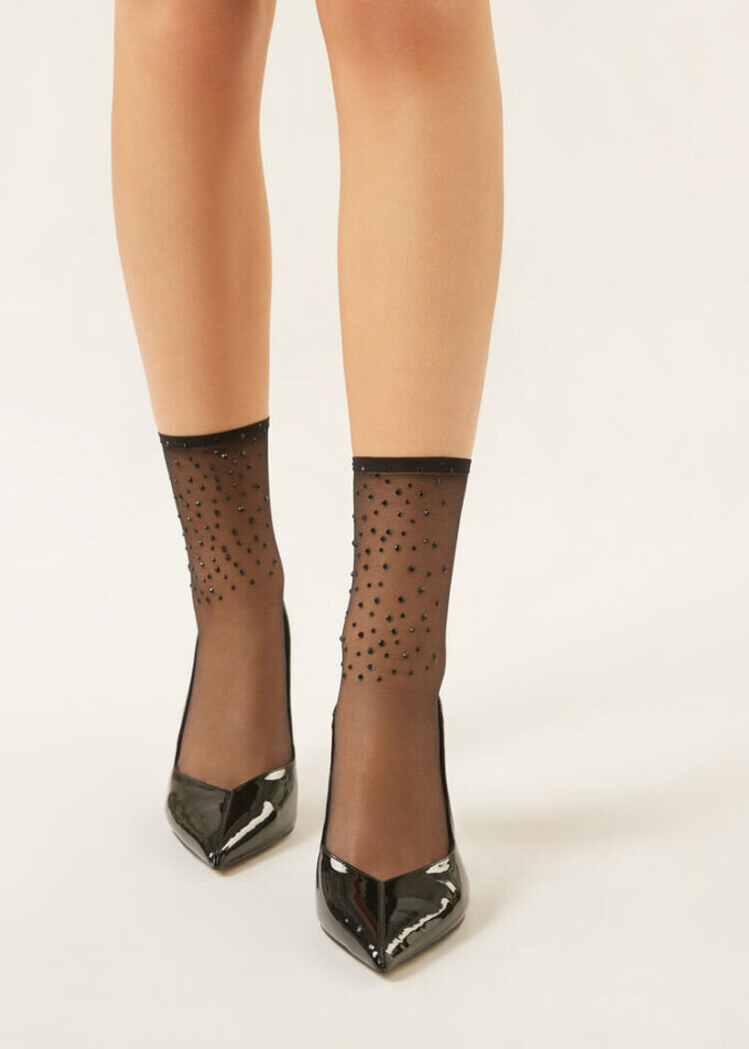Rhinestones ile Şeffaf Kısa Çoraplar